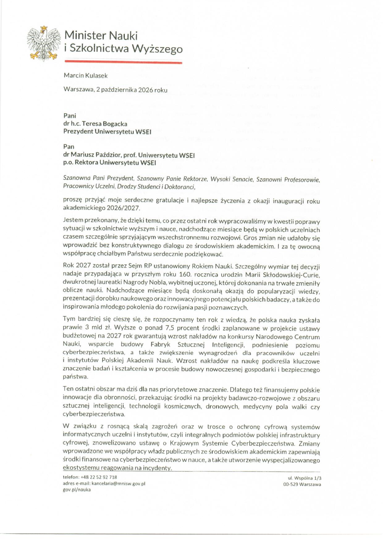 Uniwersytet WSEI_list gratulacyjny_Minister Nauki i Szkolnictwa Wyższego_Marcin Kulasek_1