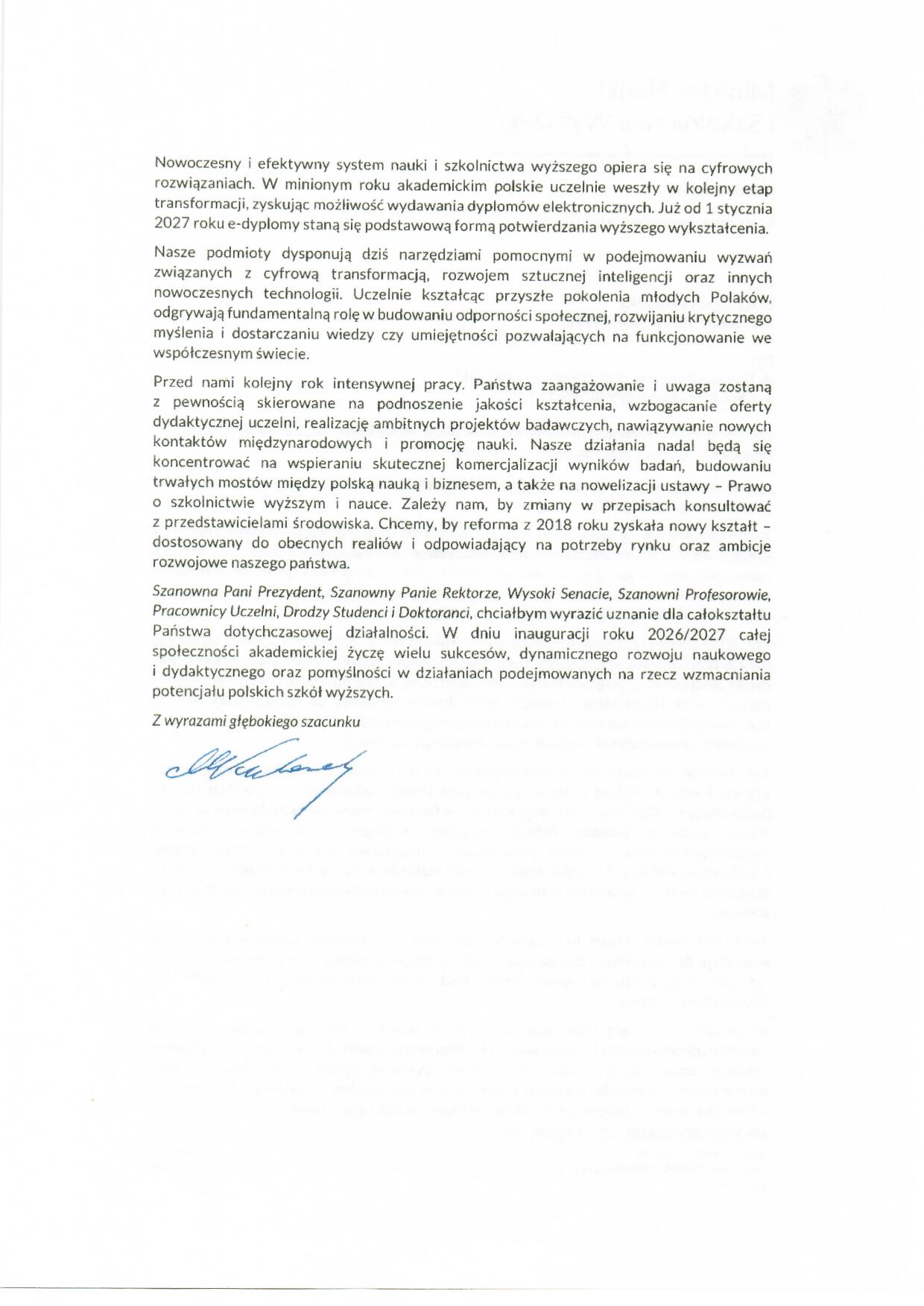 Uniwersytet WSEI_list gratulacyjny_Minister Nauki i Szkolnictwa Wyższego_Marcin Kulasek_2