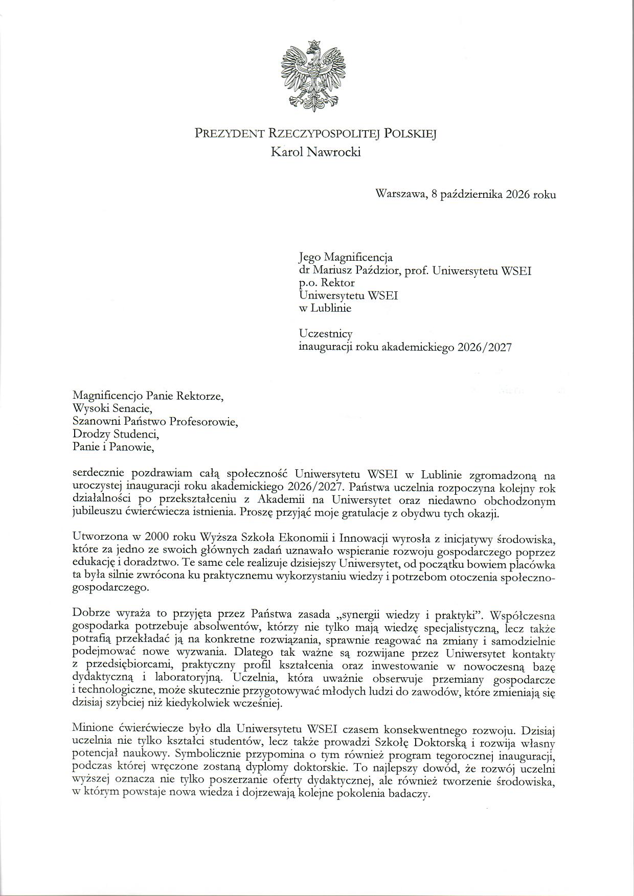 Uniwersytet WSEI_list gratulacyjny_Prezydent Karol Nawrocki_1